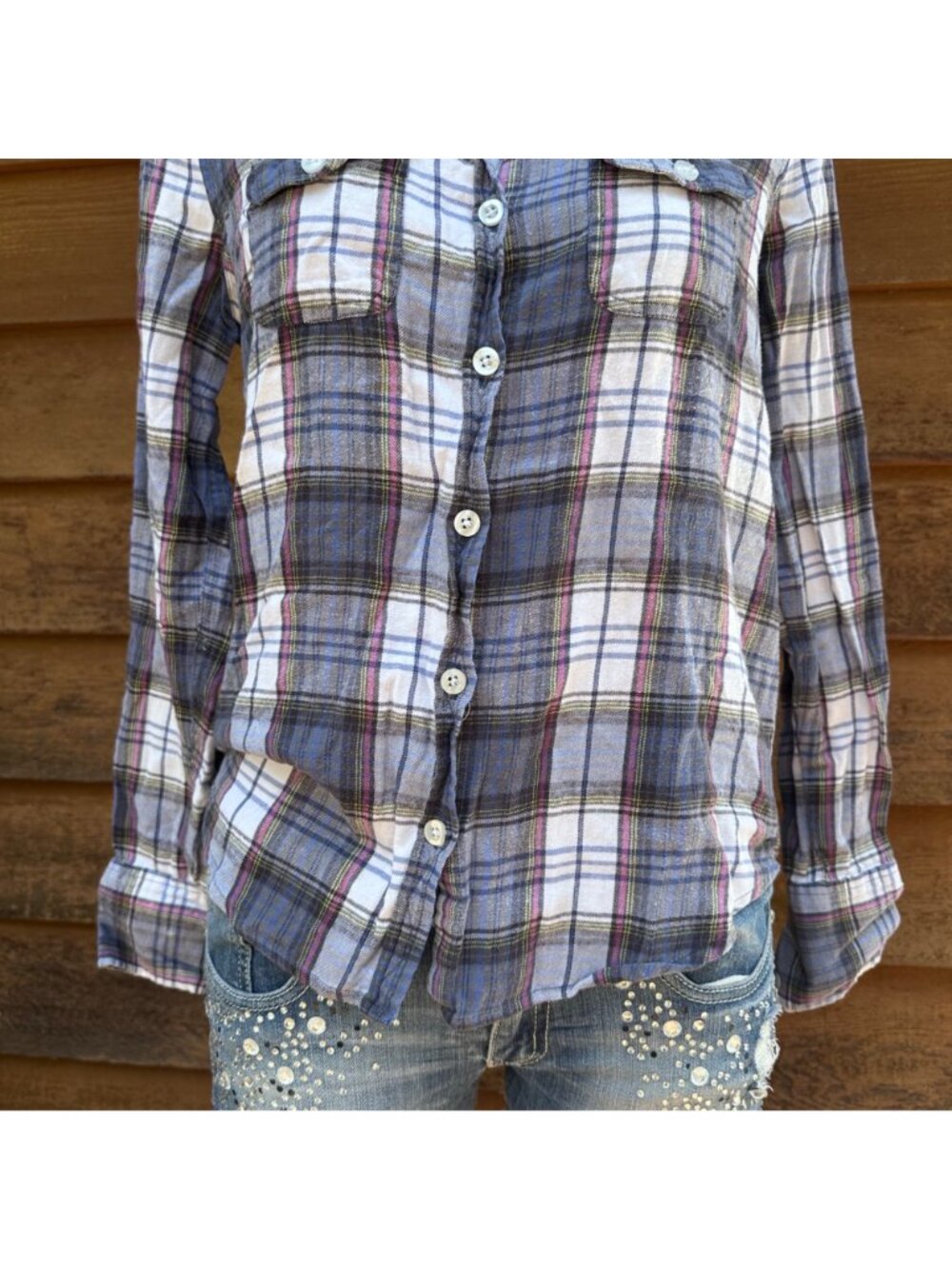 Roxy Y2K Plaid Print Button-Up Shirt Size L Long Sleeve Casual Top - Picture 6 of 10